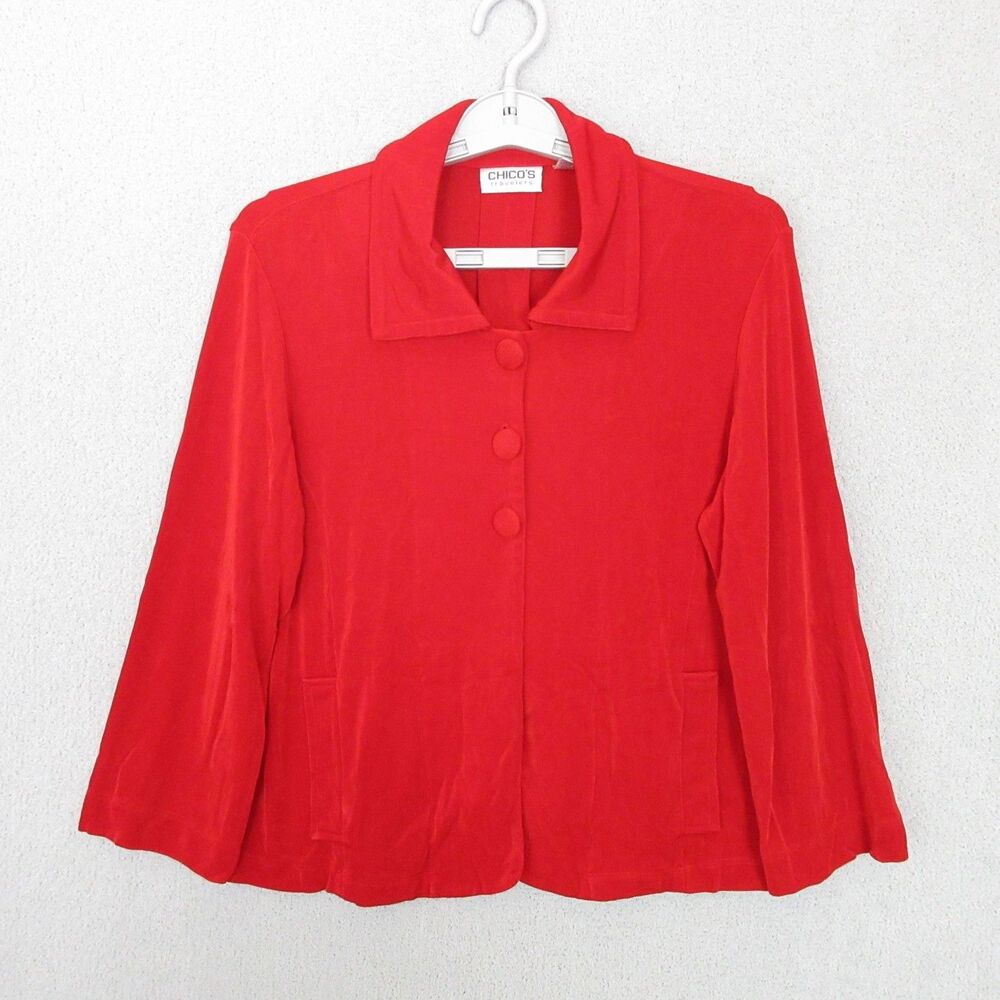 Chicos Travelers Jacket Womens 0 (US S/4) Red Log Sleeve Button Front Collared